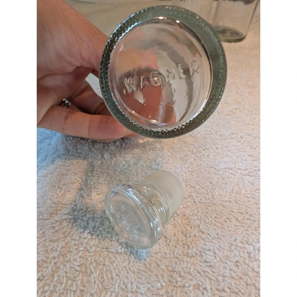 6 Vintage Clear Glass Apothecary Spice Jars/Bottles w/Stoppers Wagner Japan
